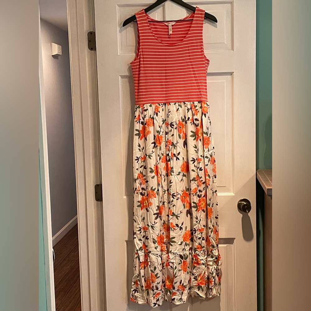 Never Worn Matilda Jane Coral Striped Floral Ruffle Hem Maxi Dress